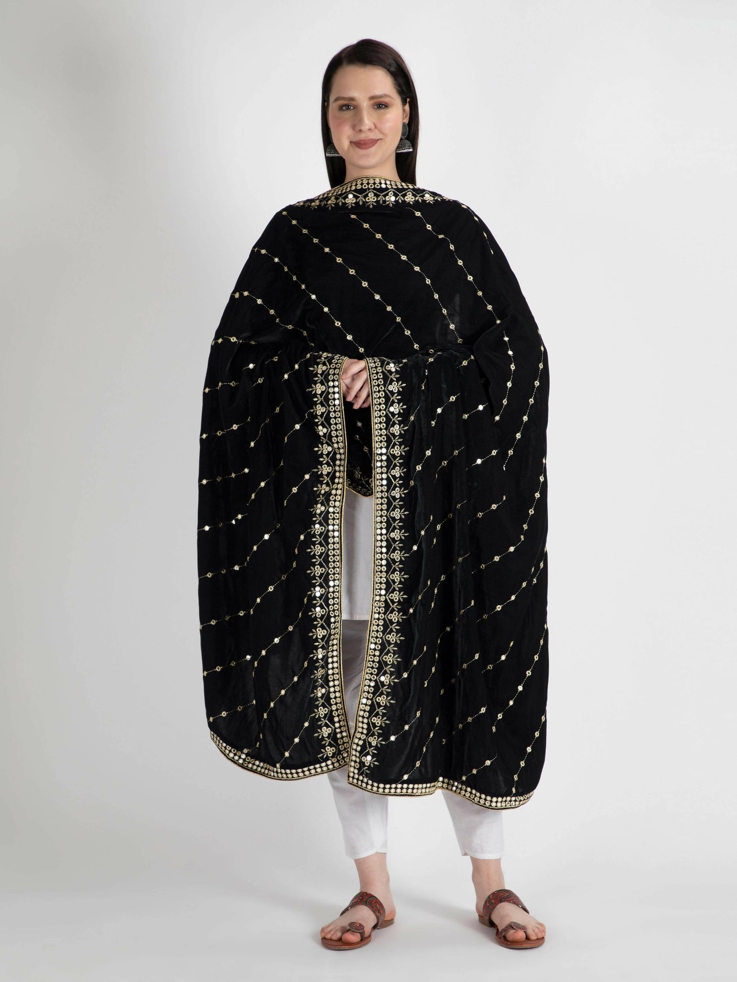 Black Embroidered Velvet Shawl Dupatta - HalfPe