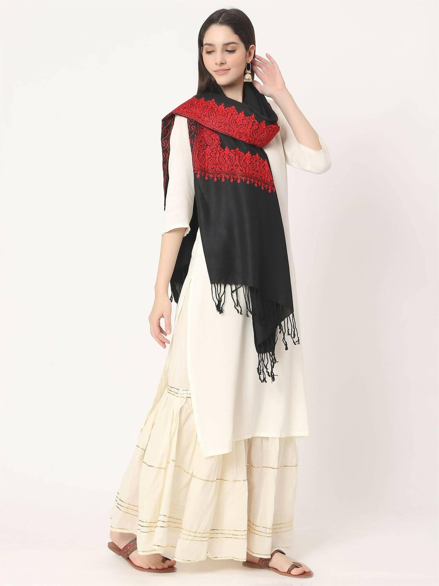 Back Red Embroidered Kashmiri Shawl for women - HalfPe