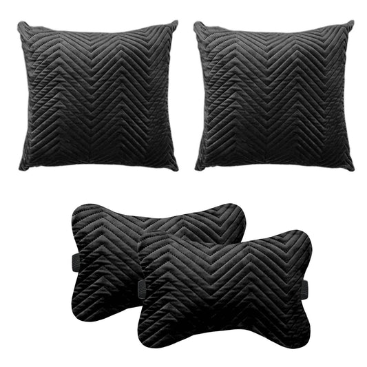 Car Cushion Pillows for Neck, Back and Seat Rest, Pack of 4, Quilted Black Velvet Material, 2 PCs of Bone Neck Rest Size: 6x10 Inches, 2 Pcs of Car Cushion Size: 12x12 Inches by Lushomes - HalfPe