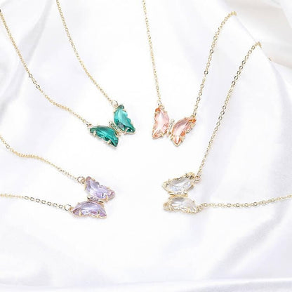 Pinapes Lovely Gold Plated Purple , Pink and Turquoise Blue Crystal Butterfly Pendant Necklace for Women (Set of 4) - HalfPe