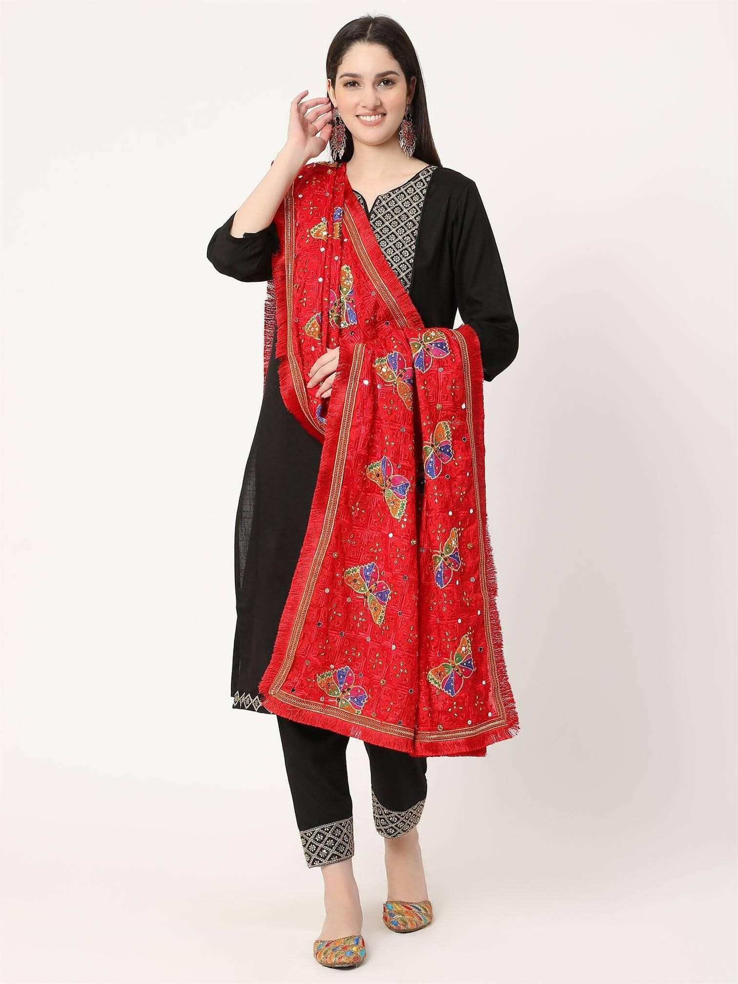 Red Butterfly Embroidery Phulkari Dupatta - HalfPe