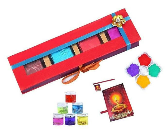 MANTOUSS Exclusive Diwali Chocolate Box + 2 Glass Candles Filled with Gel, Greeting Card and Rangoli Colours - HalfPe