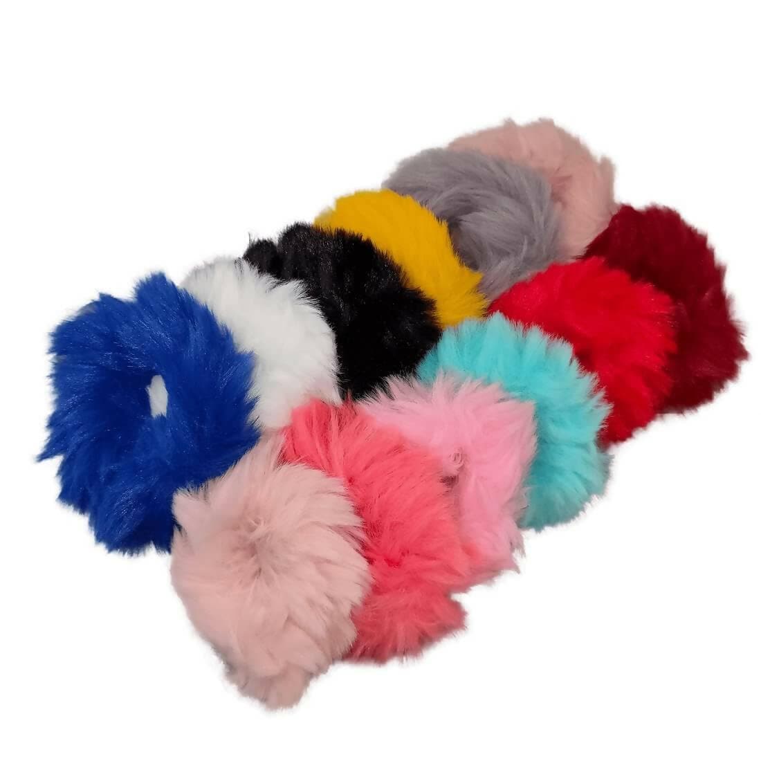 SENECIO Fluffy Fur Soft Multicolor Rubber Band /Hand Scrunchies (pack of 12) - HalfPe