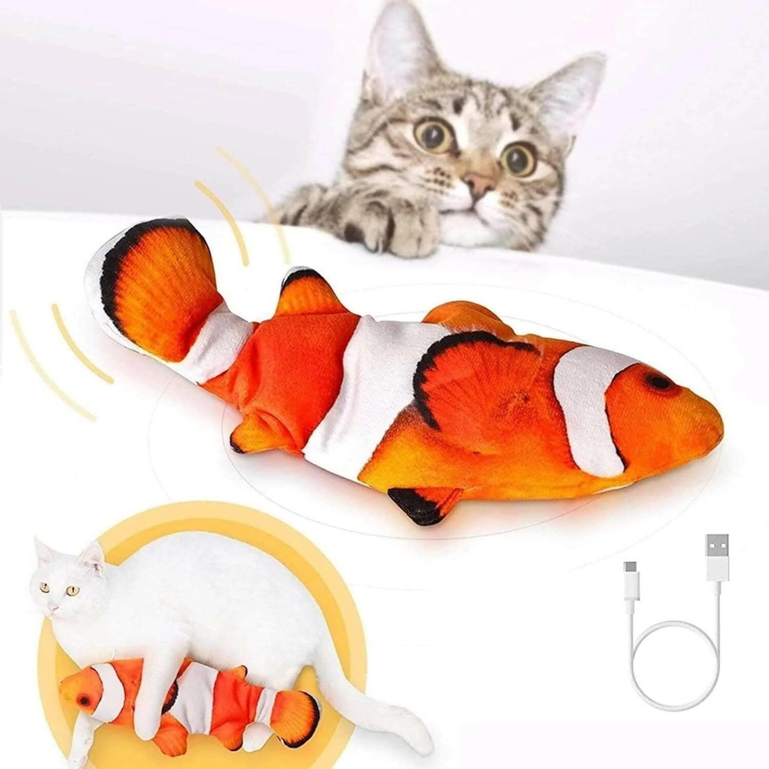 pet gains PGQ 30 cm Flopping Clownfish Cat Toy - USB Rechargeable Battery - HalfPe