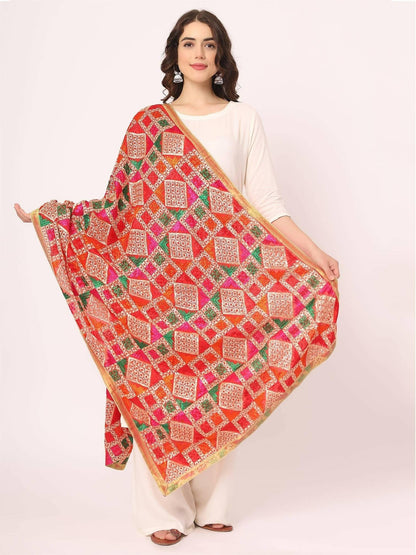 Red Multicolour Embroidery Phulkari Dupatta - HalfPe