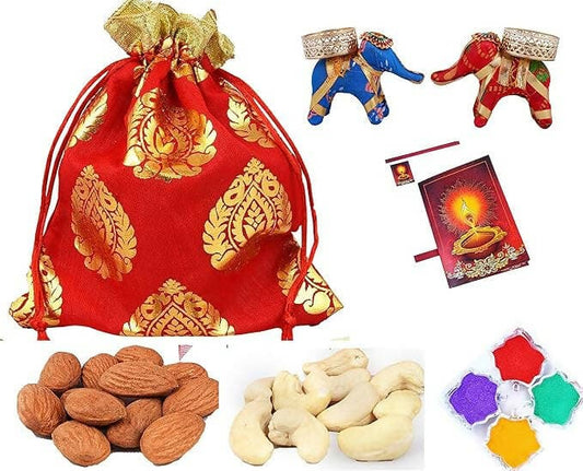 MANTOUSS Diwali Celebration Gourmet Hamper/Diwali Exclusive Dry Fruit Hamper-Designer Potli with Almonds and Cashew+Pair of Handmade Elephant tealight Candle Holder+Diwali Greeting Card - HalfPe