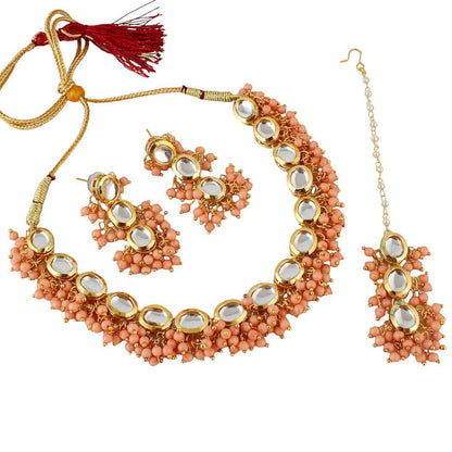 LUCKY JEWELLERY Back Meenakari 18k Gold Plated Peach Color Tika Earring Combo Uncut Big Faux Kundan Choker Necklace set - HalfPe