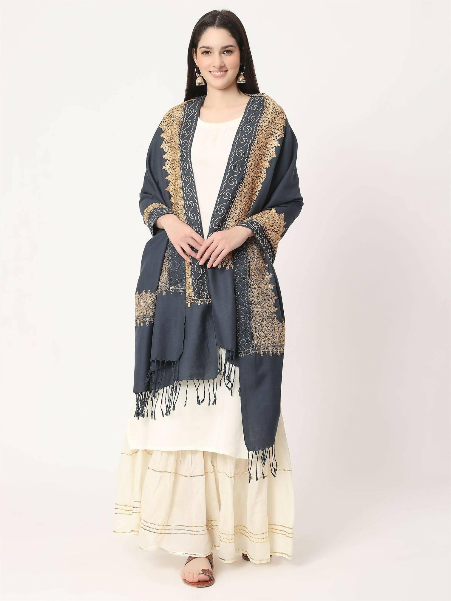 Grey Brown Embroidered Stole for women - HalfPe