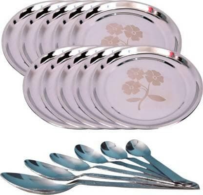 SHINI LIFESTYLE Steel Heavy Gauge Dinner Plates With Spoons (Pack of 20) - HalfPe