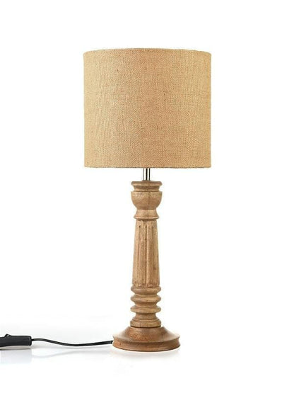 Green Girgit Pillar Brown Lamp With Brown Jute Shade - HalfPe