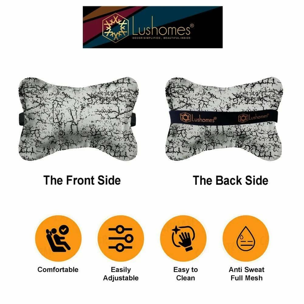 Car Cushion Pillows for Neck, Back and Seat Rest, Pack of 4, Light Grey Printed Velvet Material, 2 PCs of Bone Neck Rest Size: 6x10 Inches, 2 Pcs of Car Cushion Size: 12x12 Inches by Lushomes - HalfPe