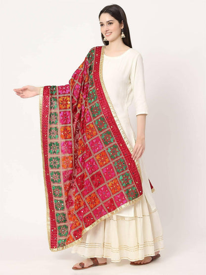 Maroon Multicolour Embroidery Phulkari Dupatta with Mirror Work - HalfPe