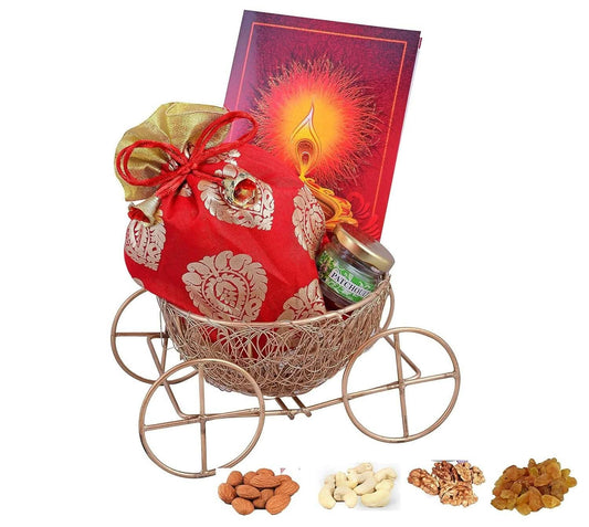 MANTOUSS Diwali Dry Fruits Combo/Diwali Special Dry Fruits Gift Pack-Thela Trolly Platter+Cashew,Almond,Walnut and Raisin (100gms Each) 400gms+Scented Candle in Glass jar+Deepawali Greeting Card - HalfPe