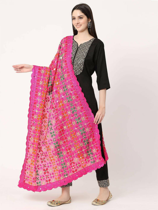 Magenta Multicolour Floral Design Embroidery Phulkari Dupatta with Mirror - HalfPe