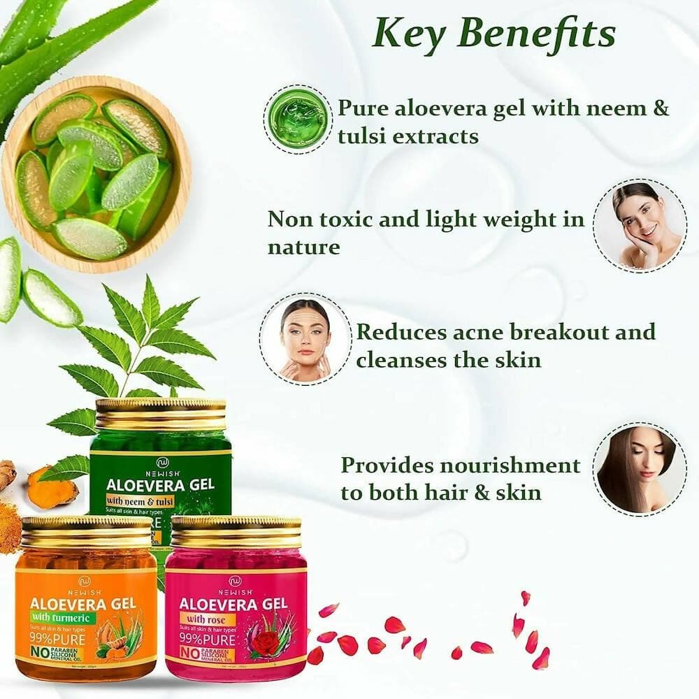 NEWISH Premium Rose Aloevera Gel, Turmeric Aloe Vera Face Gel And Neem Tulsi Facial Aloe Vera Gel Combo (Pack of 3 - 600 GM) - HalfPe