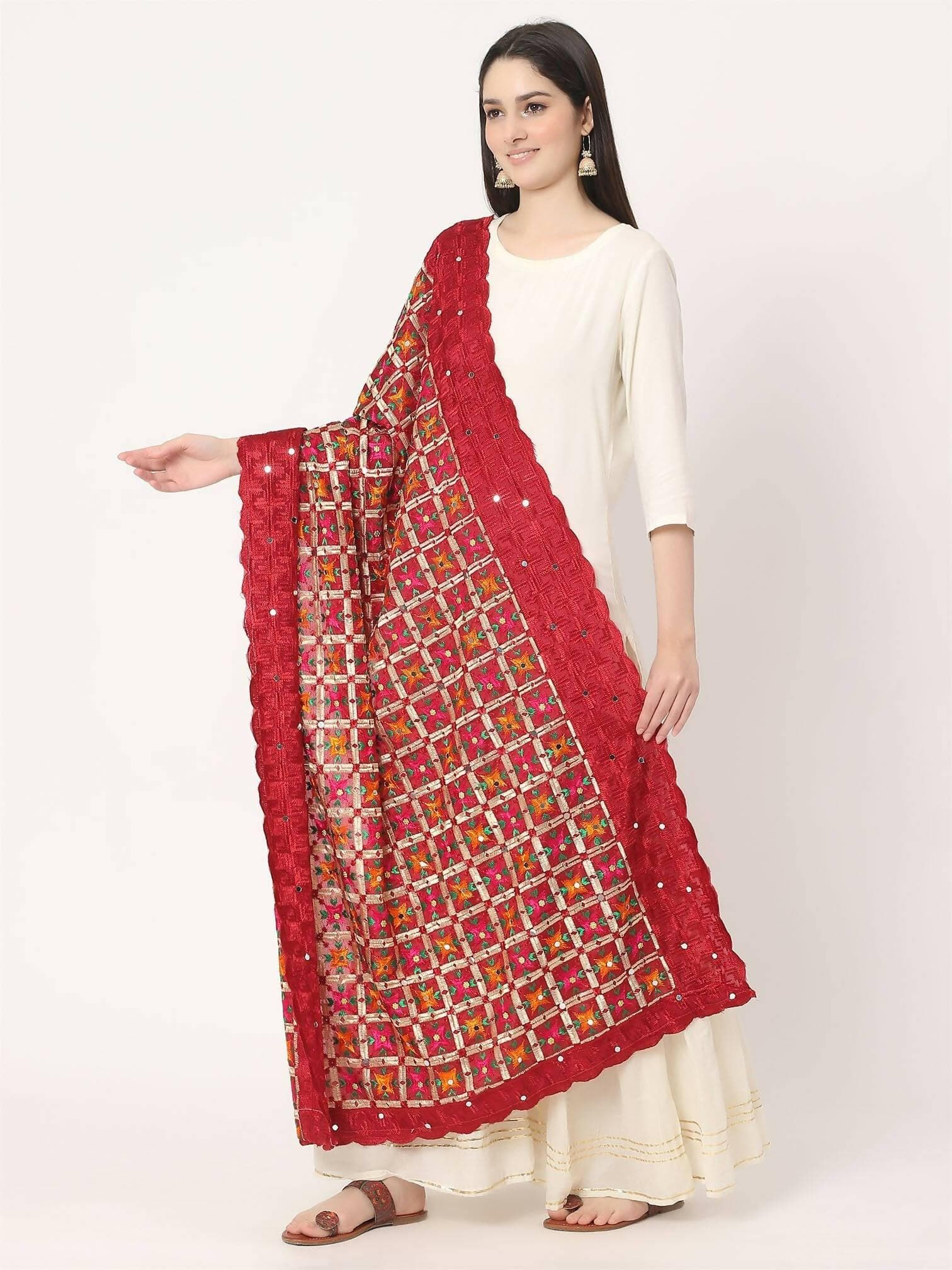 Maroon Multicolour Phulkari Embroidery Dupatta - HalfPe