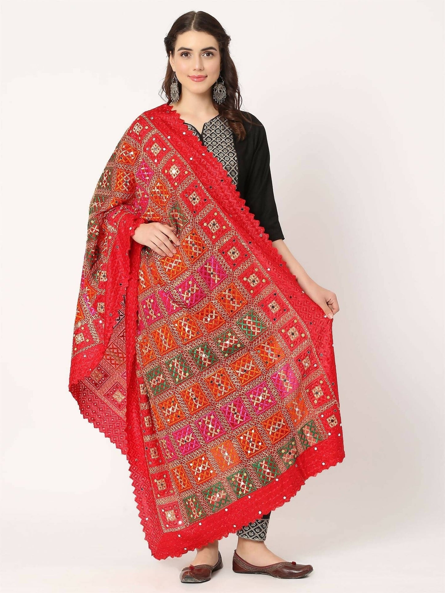 Red Multicolour check Design Embroidery Phulkari Dupatta with Mirror Work - HalfPe