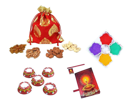 MANTOUSS Diwali Dry Fruit Red Exclusive Potli-Cashew,Almond,Walnut and Raisin (50gms Each) 200gms +2 Matki Wax Filled Diya, Diwali Greeting Card and Rangoli Colours - HalfPe