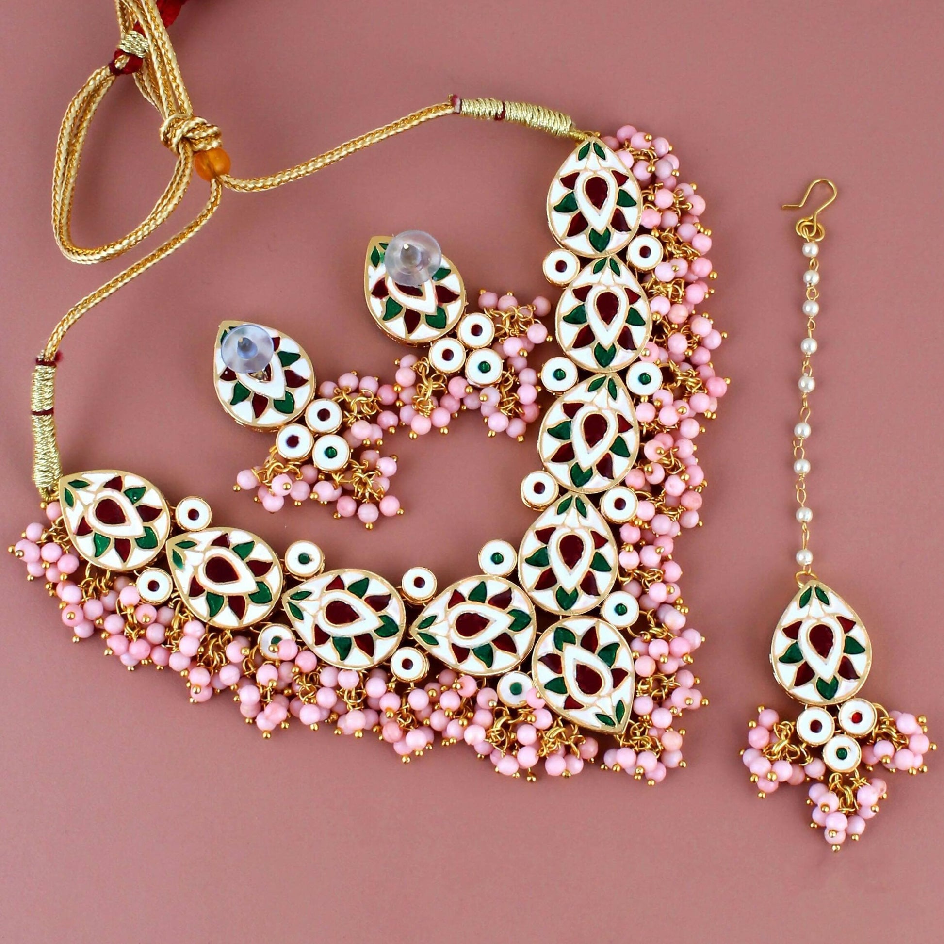 LUCKY JEWELLERY Back Meenakari 18k Gold Plated Pink Color Tika Earring Combo Uncut Big Faux Kundan Choker Necklace set - HalfPe