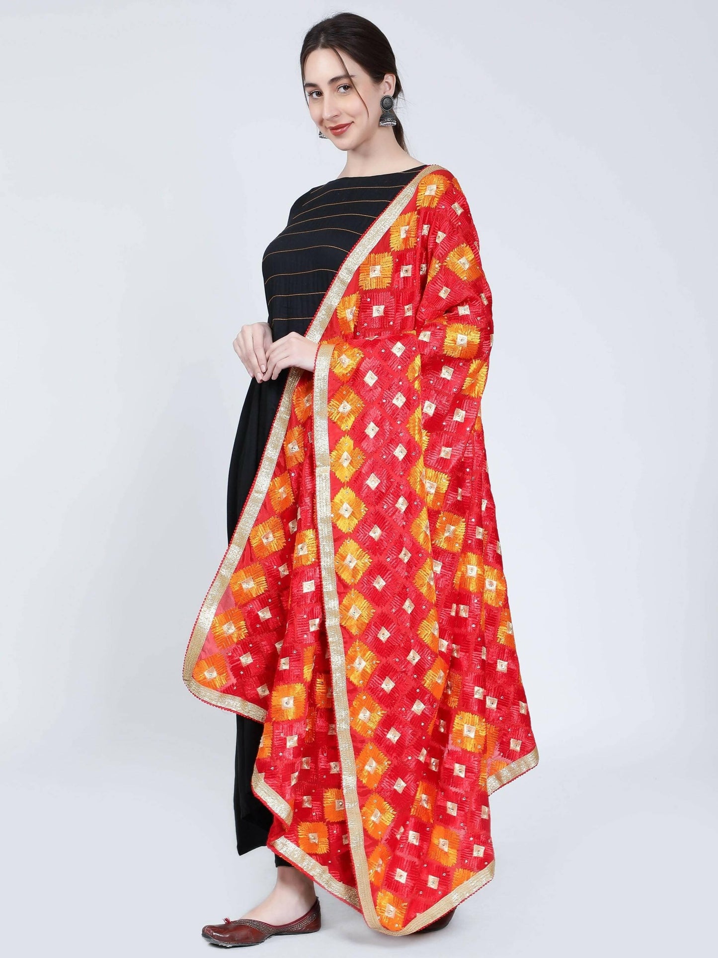 Multicolour Phulkari Dupatta (Red and Orange) - HalfPe