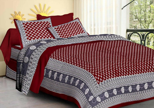 Jaipuri Cotton Buta Print Double Bed Bedsheet with 2 Pillow Cover - HalfPe