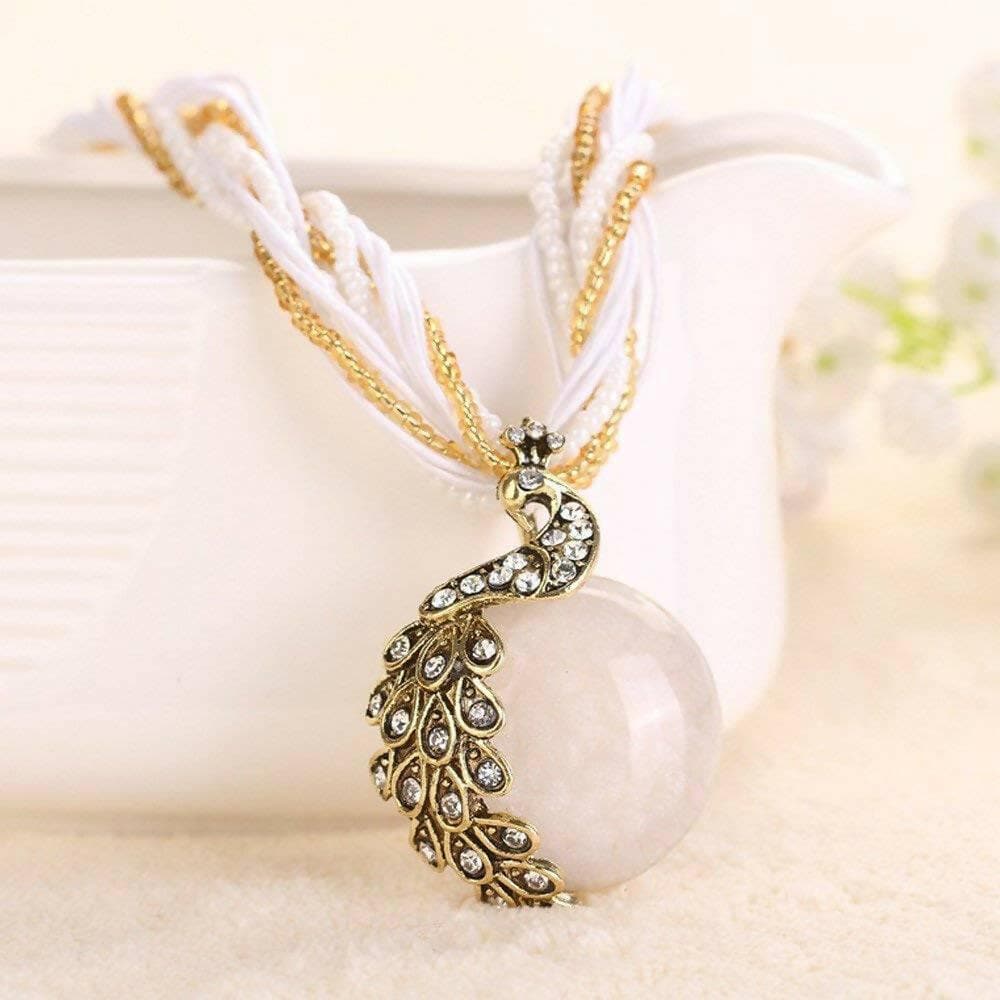 SENECIO Retro Bohemian Style Millet Chain Crystal Cat's Eye Gem Stone Phoenix Peacock Partyware Alloy Necklace - HalfPe