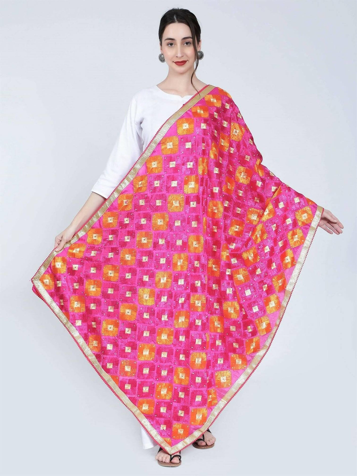 Multicolour Phulkari Dupatta (Magenta and Orange) - HalfPe