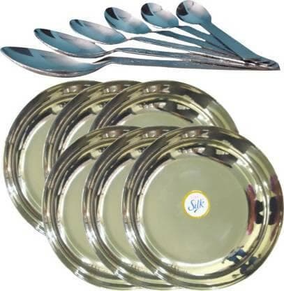 SHINI LIFESTYLE Stainless Steel Dessert Plate Set With Spoon Set (Pack of 12) - HalfPe