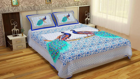 Jaipuri Cotton Blue Double Bedsheet with 2 Pillow Covers - HalfPe