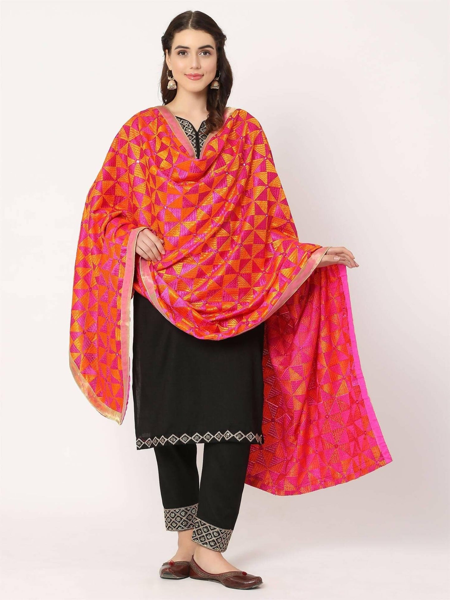 Magenta Orange Phulkari Embroiidery Bagh Dupatta - HalfPe