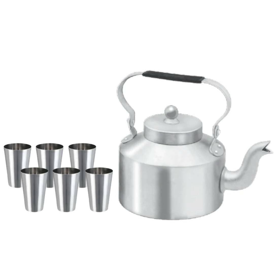 SHINI LIFESTYLE 1.2 L Aluminium Tea Kettle with 6 glasses combo pack (pack of 7) - HalfPe