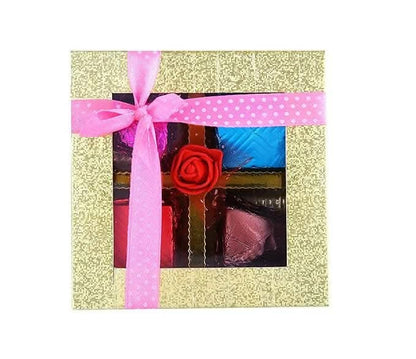 Mantouss Cute Diwali Chocolate Hamper+ 2 Glass Candles Filled with Gel, Greeting Card and Rangoli Colours - HalfPe