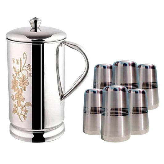 SHINI LIFESTYLE Stainless Steel Jug and Glass Set Laser Design Glass Floral jug with lid (7) - HalfPe