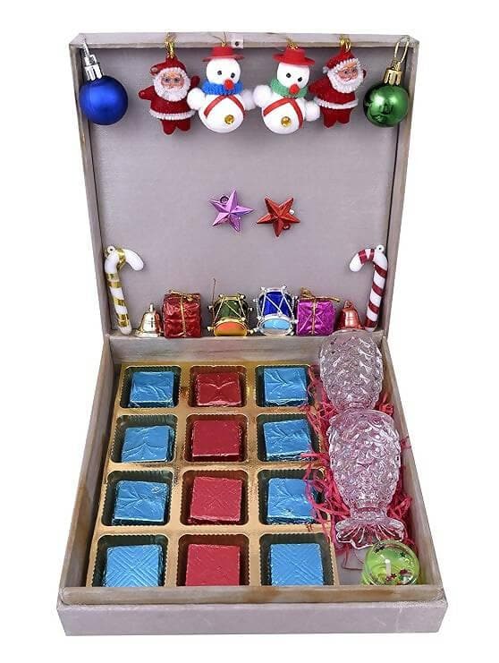 MANTOUSS Christmas Gift of Chocolate + 2 Shot Glasses + Christmas Card + Glass Candle + Christmas Tree Decoration Set+Santa Cap - HalfPe