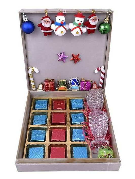 MANTOUSS Christmas Gift of Chocolate + 2 Shot Glasses + Christmas Card + Glass Candle + Christmas Tree Decoration Set+Santa Cap - HalfPe