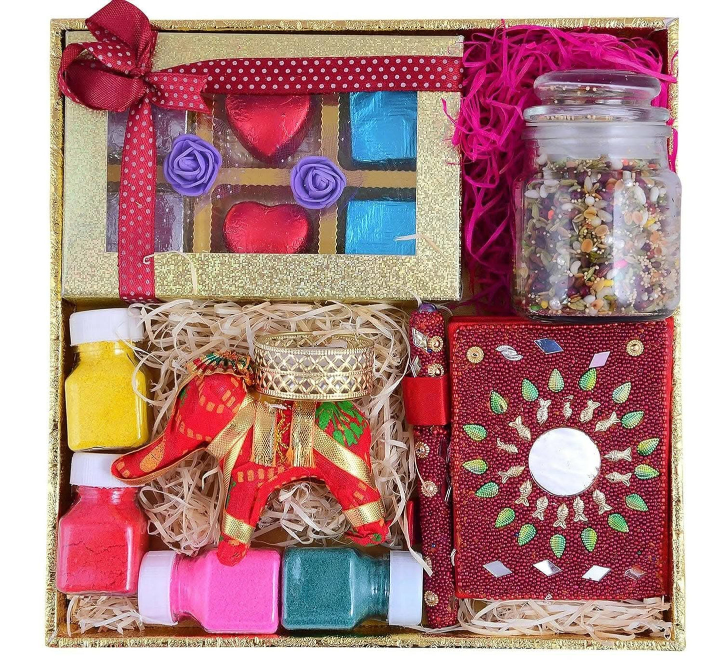 MANTOUSS Diwali Chocolate Gift Pack-1 Designer Tray+1 Handmade Chocolate Box+1 Rajasthani Diary & Pen+1 jar of Chocolate mukhwas(100gms)+1 Elephant Candle tealight Stand+Rangoli Colours+Greeting Card - HalfPe