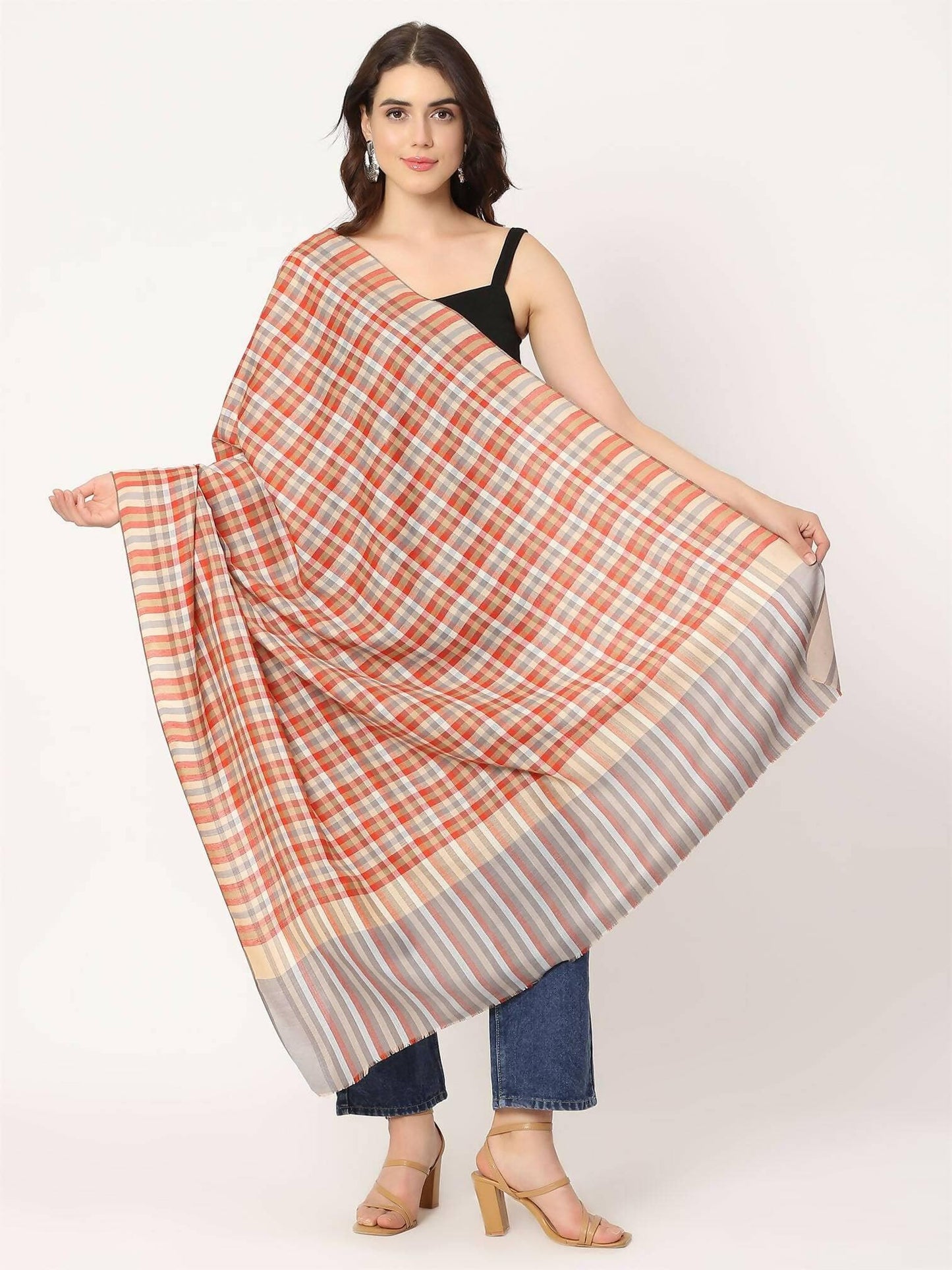 Grey Brown Multicolour Check Shawl for women - HalfPe