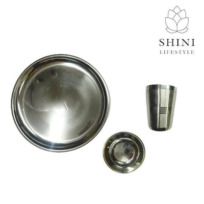 SHINI LIFESTYLE Stainless Steel Dinner Set Heavy Quality Mirror Finish(1 Plate, 1 katori, 1glass) - HalfPe