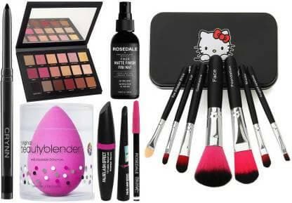 Crynn Smudge Proof Rosedale Kajal & Rose Gold Remastered Velvet Eyeshadow Palette & Beauty Blender Sponge Puff & The Fixer Face Spray & 3in1 Eyeliner , Mascara , Eyebrow Pencil & Naked Perfect Set of 7 Makeup Brush (14 Items in the set) - HalfPe