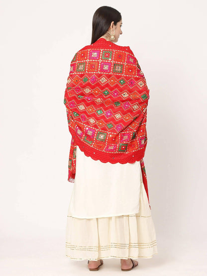 Red Mullticolour Embroidery Phulkari Dupatta with Beads - HalfPe