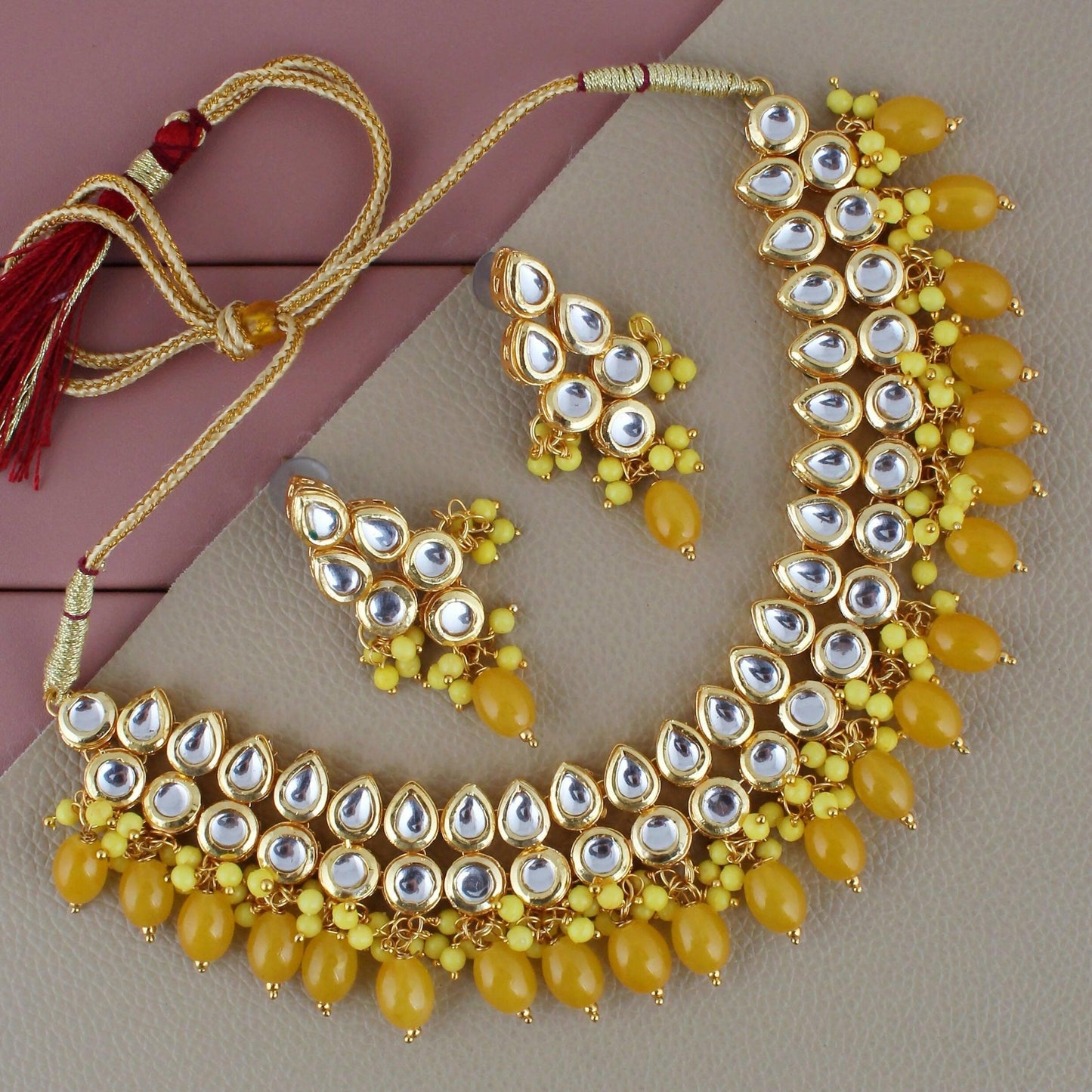 LUCKY JEWELLERY Back Meenakari 18k Gold Plated Yellow Color Earring Combo Uncut Big Faux Kundan Choker Necklace set - HalfPe