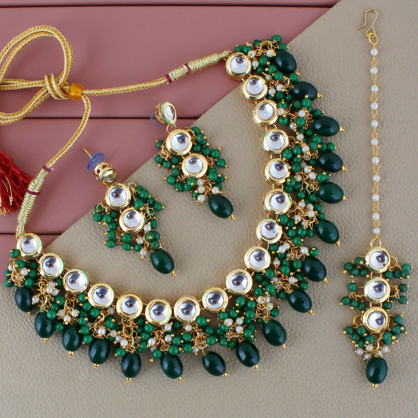 LUCKY JEWELLERY Back Meenakari 18k Gold Plated Green Color Tika Earring Combo Uncut Big Faux Kundan Choker Necklace set - HalfPe