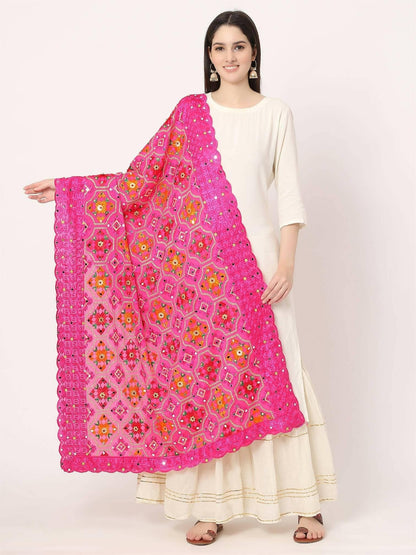 Magenta Multicolour Embroidery Phulkari Dupatta with Beads - HalfPe