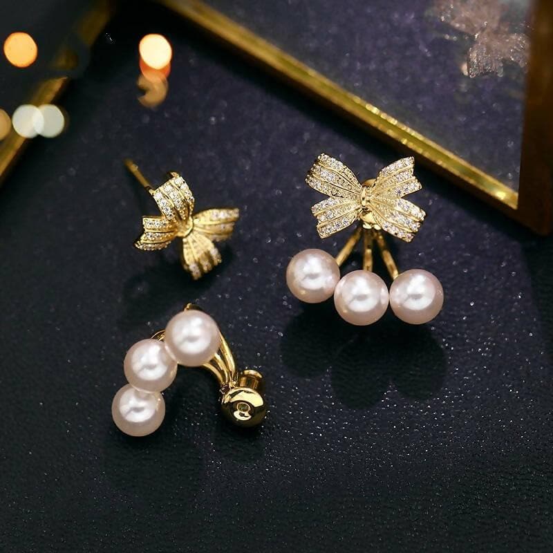 Pinapes crystal studded bow shaped stud pearl drop earrings for women - HalfPe