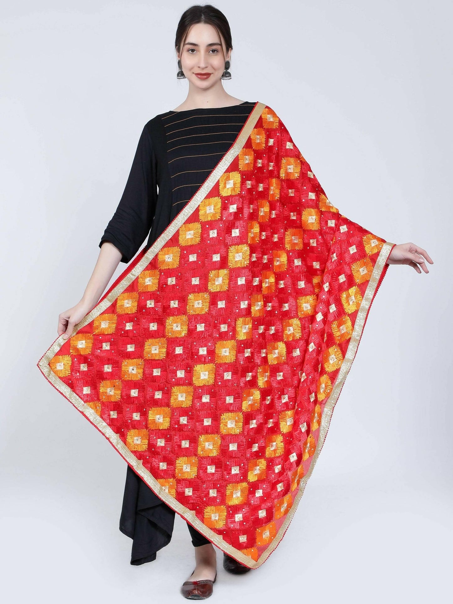 Multicolour Phulkari Dupatta (Red and Orange) - HalfPe