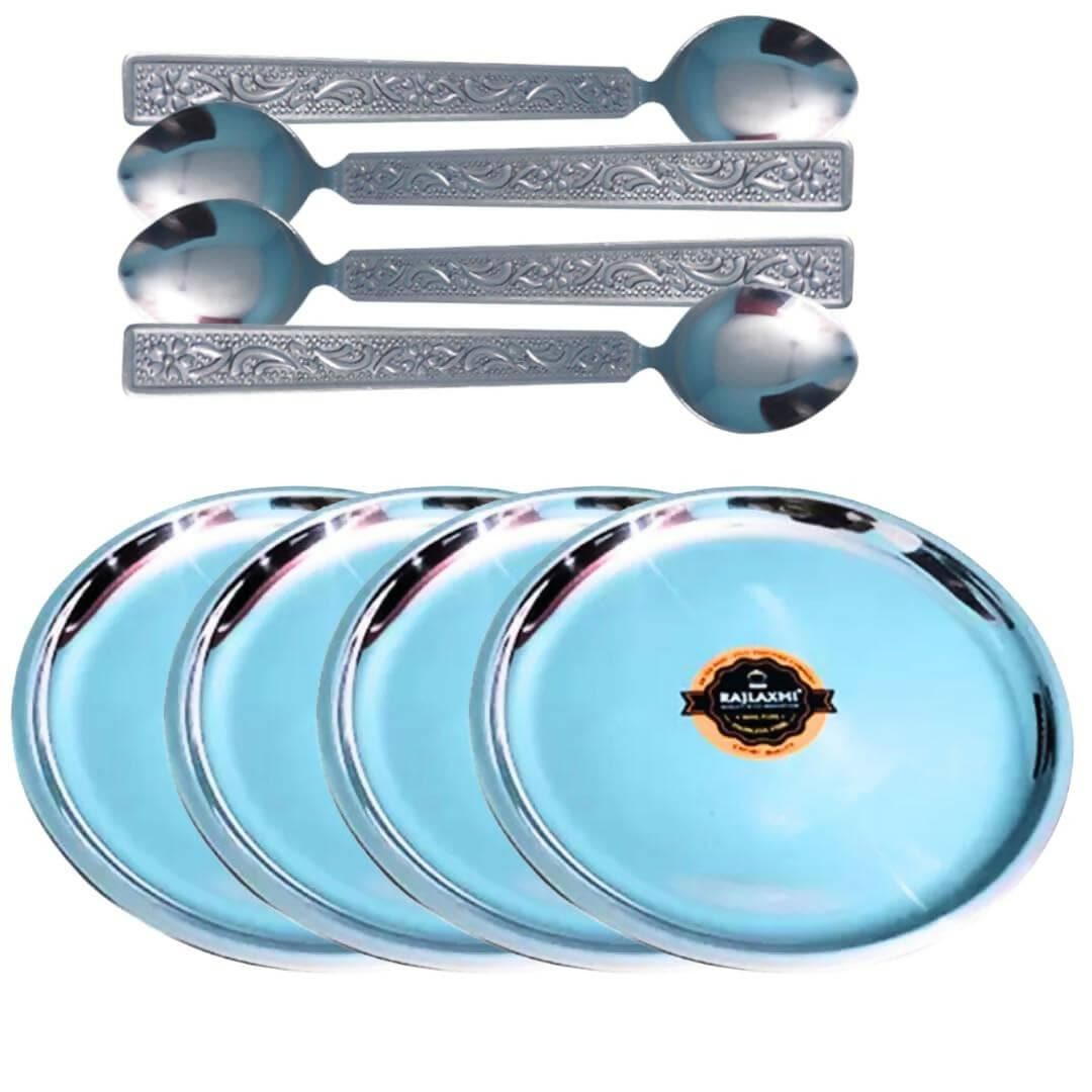 SHINI LIFESTYLE Stainless Steel Dinner Plates/Dessert Plate/Halwa Plate Set with Spoon (Pack of 8) - HalfPe