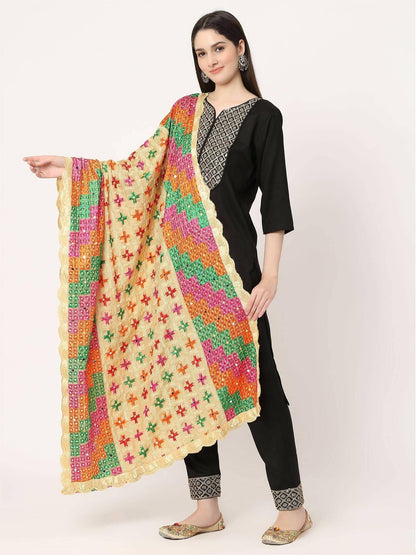 Red Multicolour Check Design Embroidery Phulkari Dupatta - HalfPe