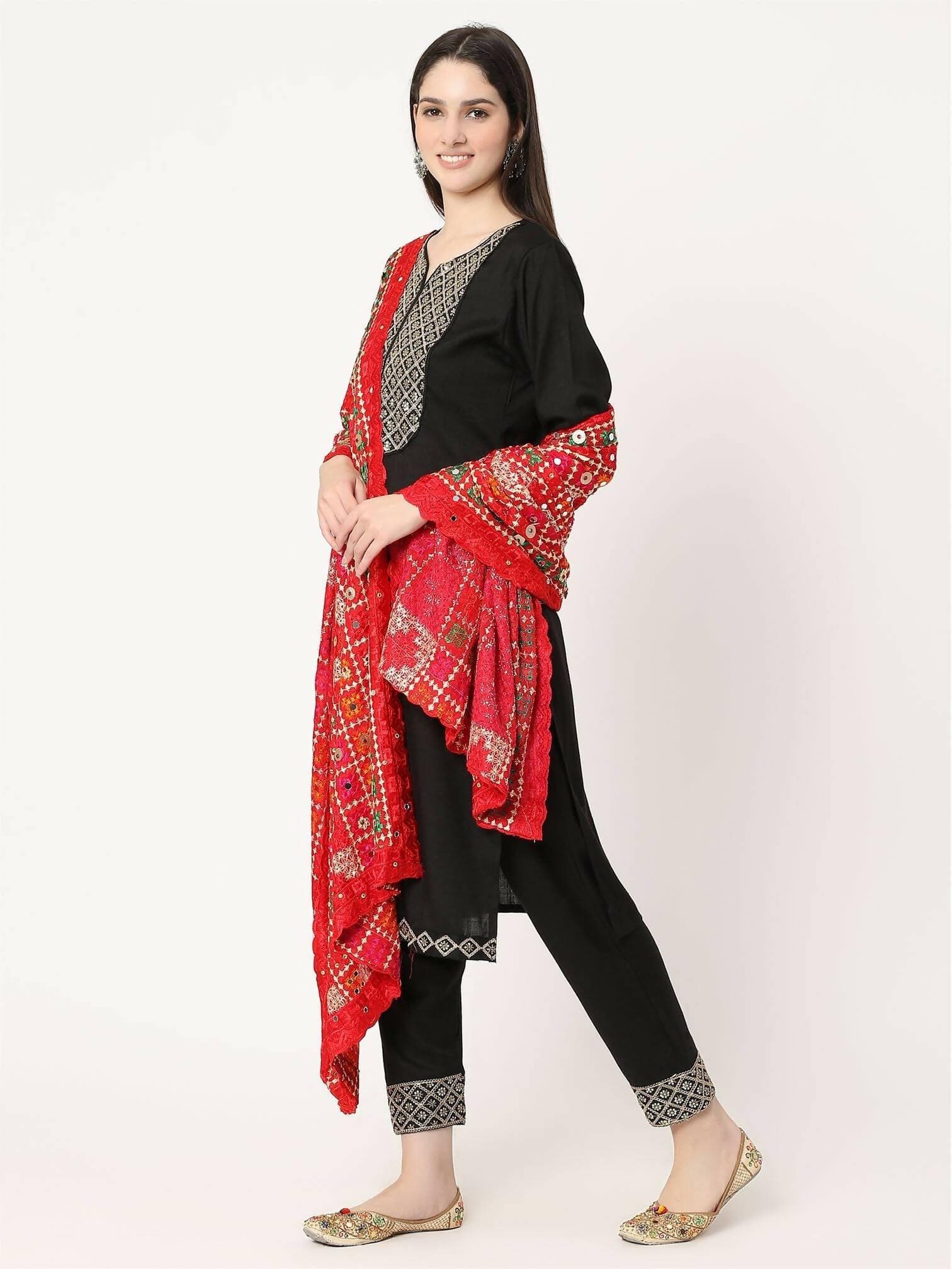 Multicolour Embroidery Phulkari Dupatta With Pearls (red) - HalfPe