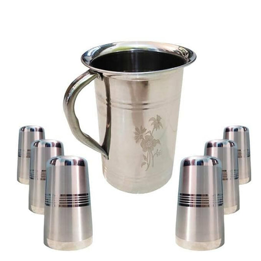 SHINI LIFESTYLE Stainless Steel Jug and Glass Set Laser Design Glass Floral jug (7 PC) - HalfPe