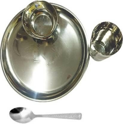 SHINI LIFESTYLE Stainless-steel katori, spoon, glass with Dinner plate (set of 16, each of 4) - HalfPe